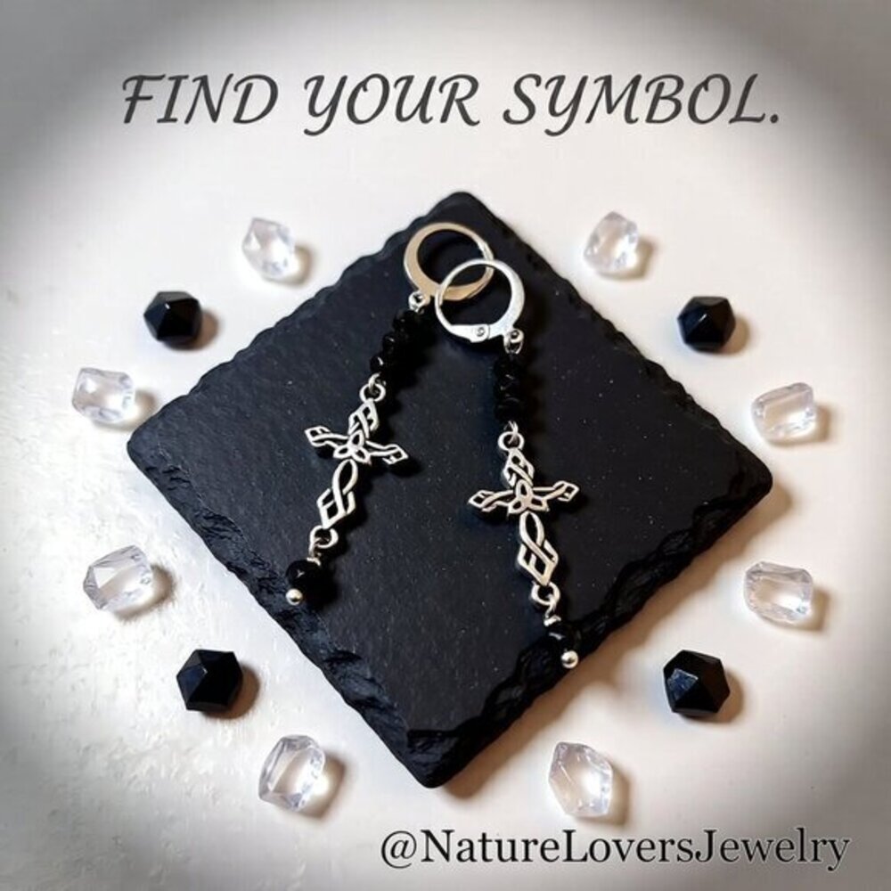 Gothic Beaded Glam Cross Dangle Earrings! Faceted Black Crystal + Silver Cross
